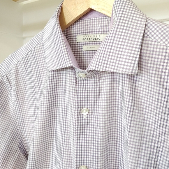 Perry Ellis | purple & white gingham check mens dress shirt / portfolio - Picture 3 of 10